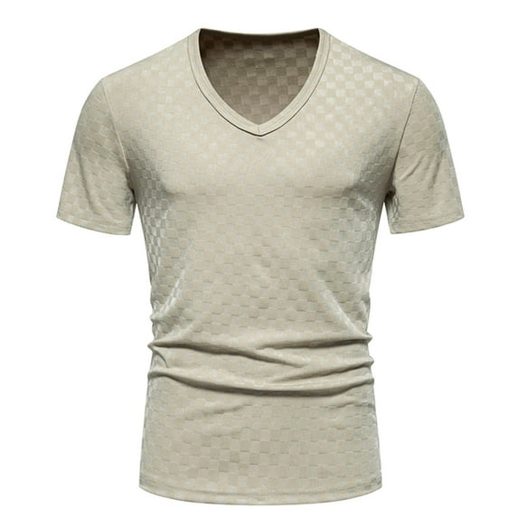 Penkiiy 2024 Men Casual Solid Fashion Pullover V-neck Short Sleeve T Shirt Blouse S Khaki