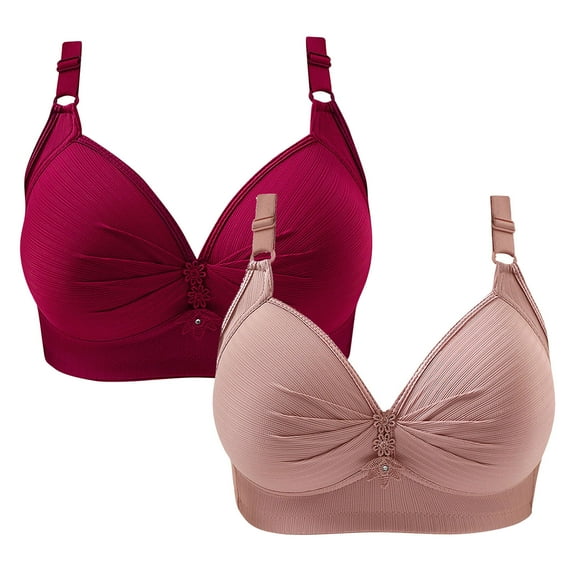 Penkiiy 2PC Ladies Traceless Comfortable No Steel Ring Breathable Gathering Bra Woman Underwear 42/95BC Pink
