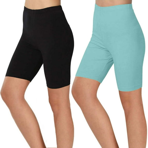 Penkiiy 2PC Women's Long Biker Shorts Hiking Knee Length Capri Leggings, High Waisted Bermuda Shorts L Blue