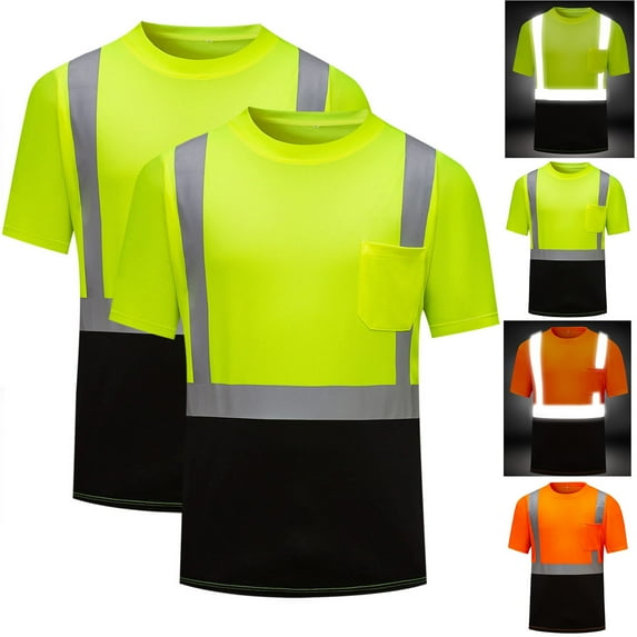 Penkiiy 2PCS SMen Work Shirts for Men Construction Class ,High Visibility Shirts, Hi Vis Reflective Safety T-Shirts for Men Women, Short Sleeve Work Shirts L Orange