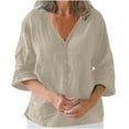 thumbnail image 1 of Penkiiy 3/4 Sleeve Cotton Linen Tops for Women Casual Summer Button Down V Neck T Shirts Oversized Lightweight Trendy Blouse Tee M Khaki, 1 of 6