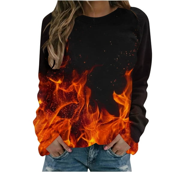 Penkiiy 3D Flame Printing Pullover for Women Women's Round Neck Flame Printed Loose Sweatshirt Long Sleeve Plunge Sleeve Top Sweatshirt