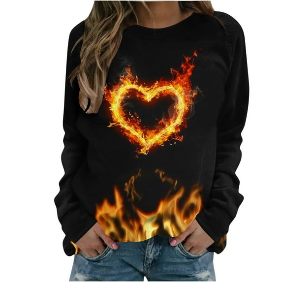 Penkiiy 3D Flame Printing Pullover for Women Women's Round Neck Flame Printed Loose Sweatshirt Long Sleeve Plunge Sleeve Top Sweatshirt