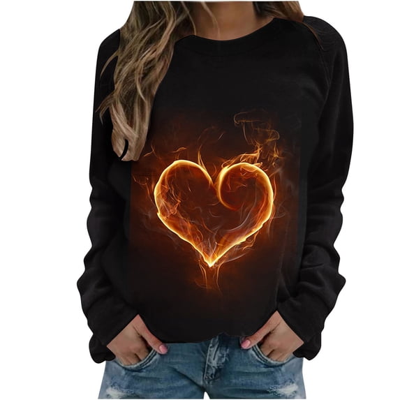Penkiiy 3D Flame Printing Pullover for Women Women's Round Neck Flame Printed Loose Sweatshirt Long Sleeve Plunge Sleeve Top Sweatshirt