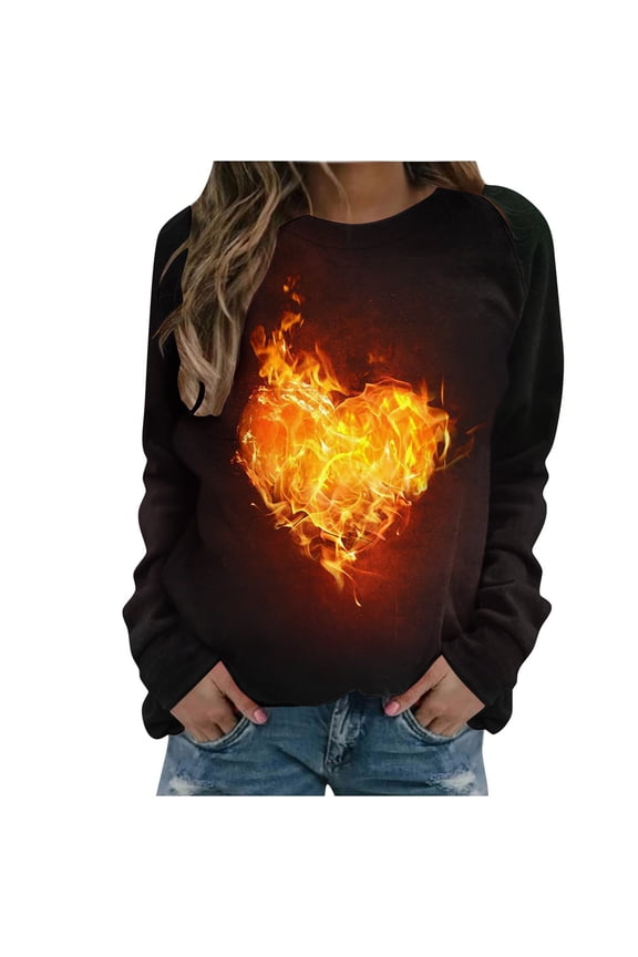3D Flame Printing Pullover for Women Women's Round Neck Flame Printed Loose Sweatshirt Long Sleeve Plunge Sleeve Top Sweatshirt