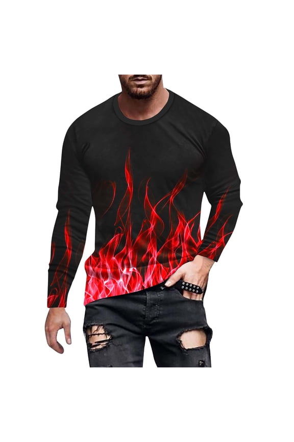 3D Graphic Flame Print Shirts for Mens Casual Long Sleeve Tee Shirts Top 3XL Red