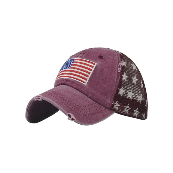 Penkiiy American Flag Hat, USA Trucker Worn Hat for Men & Women, Adjustable Baseball Cap, Mesh Snapback Durable Outdoor Hat US Flag Hats for Men Women Teens Wine