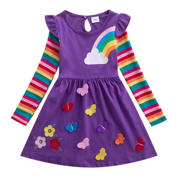 Penkiiy Autumn Children's Girl's Clothing Long Sleeve Flower Embroidery Rainbow Dress Dresses for Toddler Girls 7-8 Years Purple 2023 Summer Deal