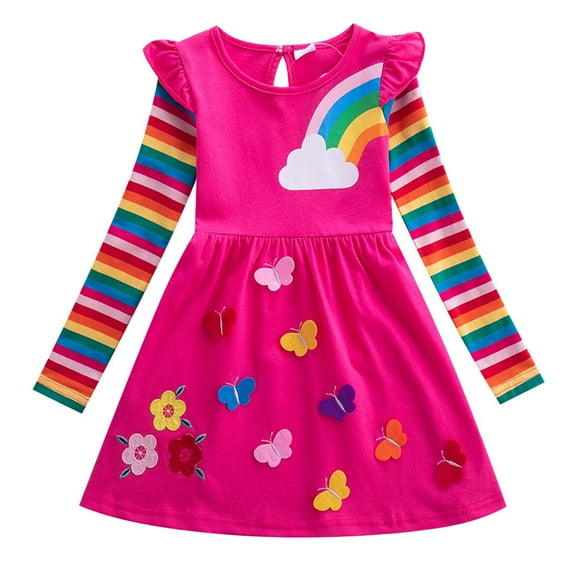 Penkiiy Autumn Children's Girl's Clothing Long Sleeve Flower Embroidery Rainbow Dress Easter Dresses for Toddler Girls 7-8 Years Hot On Sale