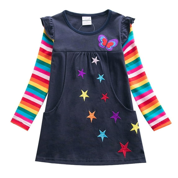 Penkiiy Autumn Children's Girl's Clothing Long Sleeve Star Embroidery Rainbow Two Pocket Dress Dresses for Toddler Girls 4-5 Years Navy On Clearance