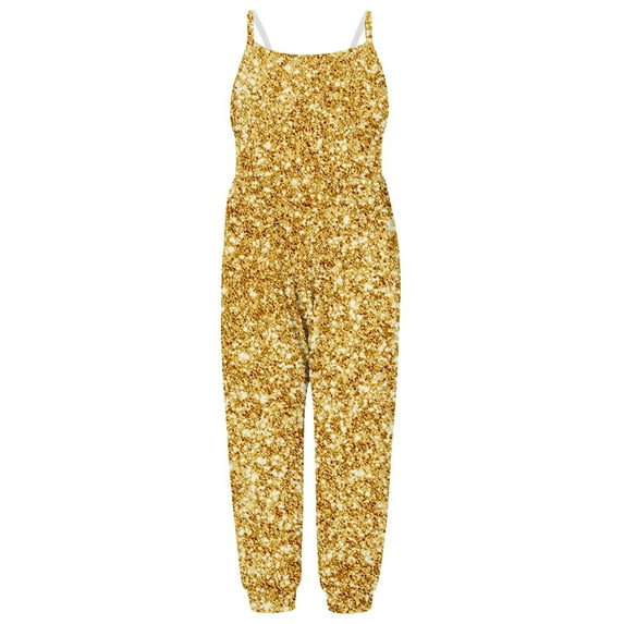 Penkiiy Baby Cute Summer Glitter Printed Jumpsuits for Girls Kids Backless Harem Strap Romper Jumpsuit Toddler Pants 2-3 Years Gold