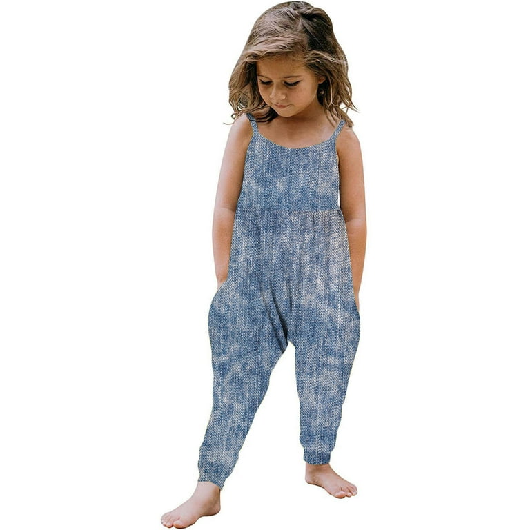 Penkiiy Baby Denim Backless Strap Jumpsuit for Toddler Girls Cute Harem Romper Pants with Pockets 1 Year Blue