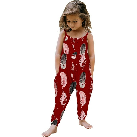 Penkiiy Baby Girls Boys Romper 2024 Summer One Piece Feather Print Jumpsuit Kids Baby Clothes Cute Halter Jumpsuits Outfits with Pockets 5 Years Red