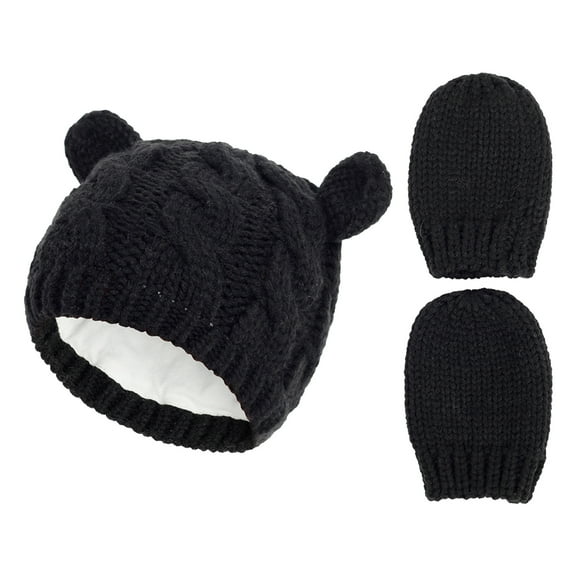 Penkiiy Baby Hats Baby Winter Hat Newborn Baby Beanie For Boy Girl Cap Cotton Knitted Winter Warm Hats+Gloves Set Black Hat for 3-6 Months