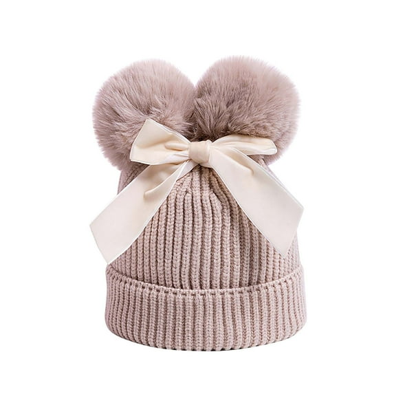 Penkiiy Baby Hats Baby Winter Hat Winter Baby Boys Girls Double Hair Ball With Bow Knitted Windproof Warmth Ear Protection Children Hat Beige Hat for One Size
