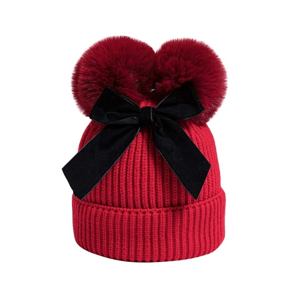 Penkiiy Baby Hats Baby Winter Hat Winter Baby Boys Girls Double Hair Ball With Bow Knitted Windproof Warmth Ear Protection Children Hat Red Hat for One Size