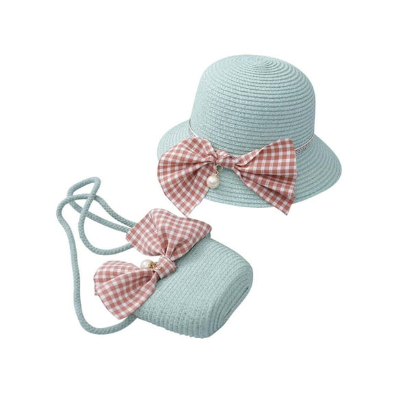 Penkiiy Baby Hats Sun Hat Summer Children's Bow Tie Pearl Decorated Hat Rope Beach Hat Sun Hat + Bag Set Green Hat for One Size