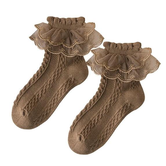 Penkiiy Baby Toddler Girls Ruffle Lace Ankle Cotton Dress Socks - Frilly Eyelet Lace Socks for Infants 1 -13 Years Brown