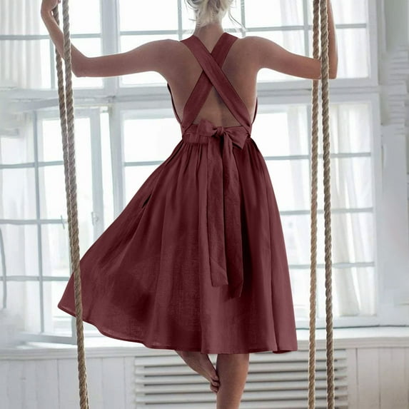 Penkiiy Backless Summer Dress for Women - Tie-Front Cotton Linen Beachwear | Adjustable Strappy Summer Dress | Beach Vacation Must-Have XL Wine
