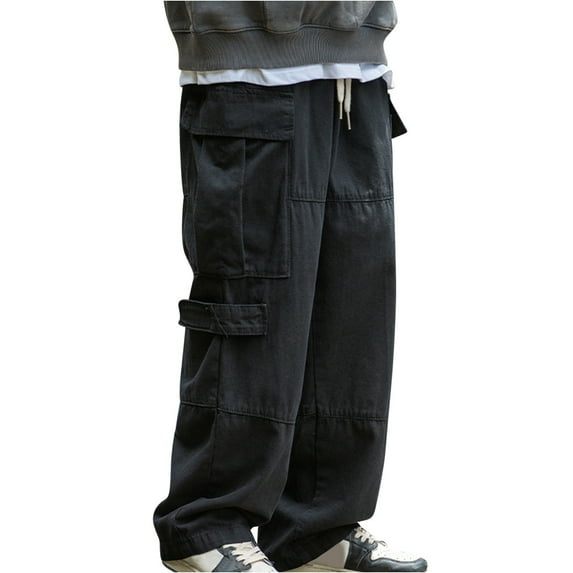 Penkiiy Baggy Cargo Joggers for Men Y2k Gothic Streetwear Wide Leg Cargo Pants with Pockets L Black