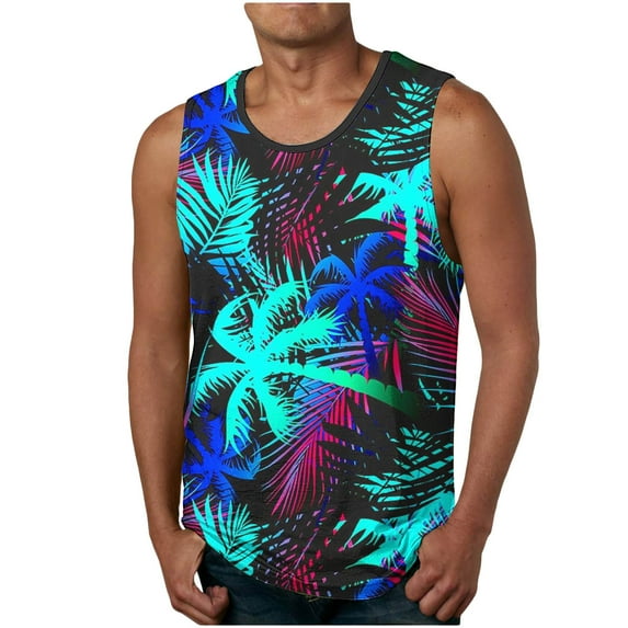 Penkiiy Beach Tank Top for Men Sunset Coconut Print Summer T Shirt Casual Crewneck Vest Sleeveless Stylish Tank Tops Blouse 2XL Dark Blue