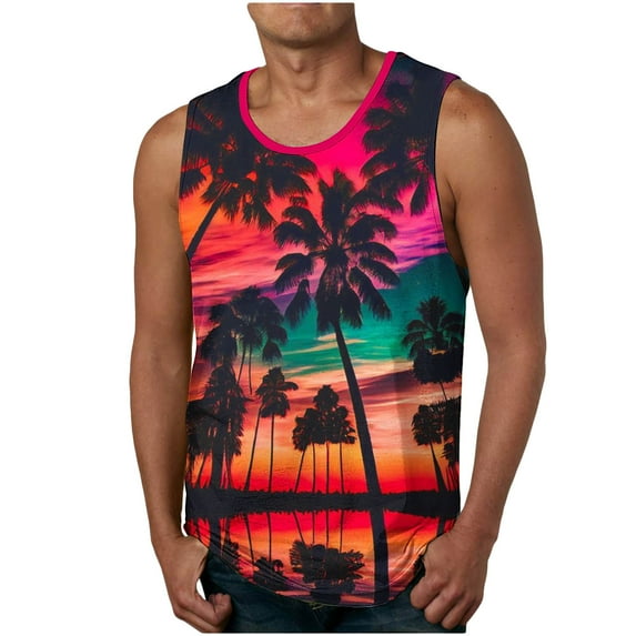 Penkiiy Beach Tank Top for Men Sunset Coconut Print Summer T Shirt Casual Crewneck Vest Sleeveless Stylish Tank Tops Blouse 2XL Multicolor