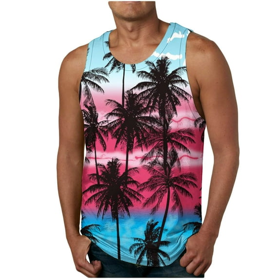 Penkiiy Beach Tank Top for Men Sunset Coconut Print Summer T Shirt Casual Crewneck Vest Sleeveless Stylish Tank Tops Blouse M Hot Pink