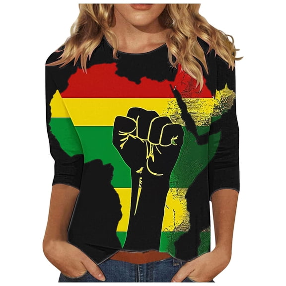 Penkiiy Black History Month Shirts for Women African American Pride Celebration Blouse T-shirt 3/4 Sleeve Crewneck Tops M Multicolor