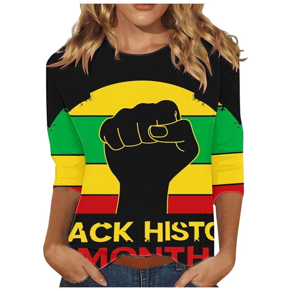 Penkiiy Black History Month Shirts for Women Women's Black Month Printed Round Neck 3/4 Sleeve T-shirt Top 2XL Multicolor