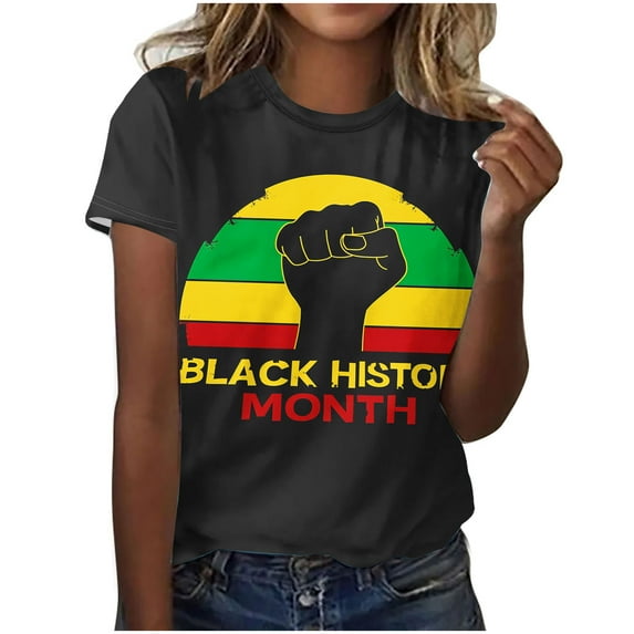 Penkiiy Black History Month Shirts for Women Women's Black Month Printed Round Neck Short Sleeve T-shirt Top L Multicolor