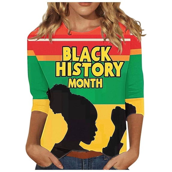 Penkiiy Black History Shirts for Women 3/4 Sleeve Black History Month Tshirt Loose Tops M Multicolor