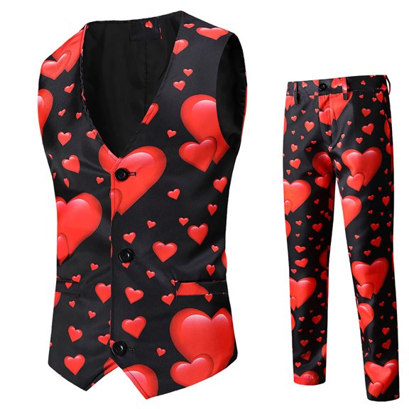 Penkiiy Blazer Set for Men Men's Fashion Valentine's Day Suit Vest + Suit Pants Two-piece Suit Black Blazer