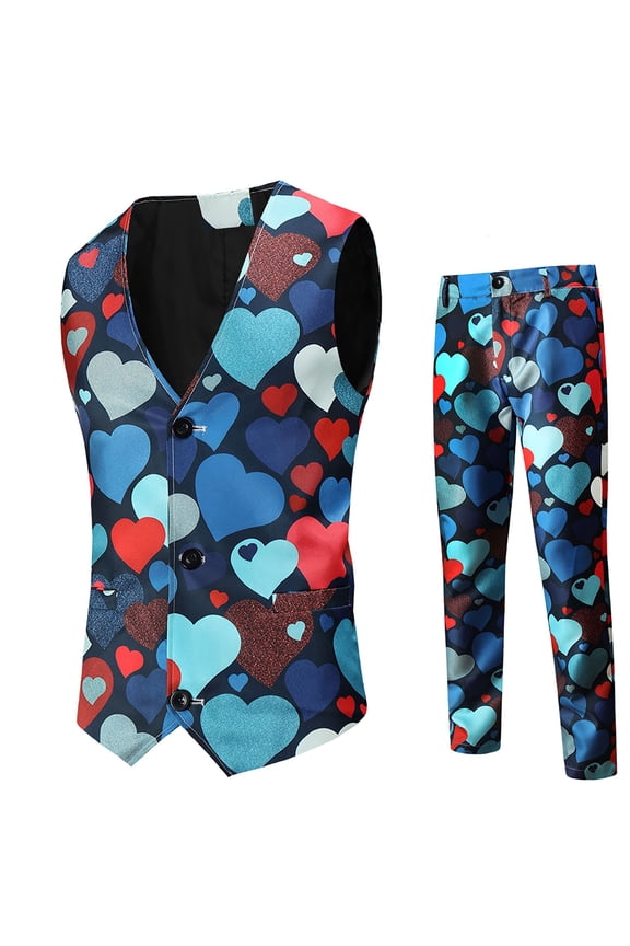 Blazer Set for Men Men's Fashion Valentine's Day Suit Vest + Suit Pants Two-piece Suit Blue Blazer