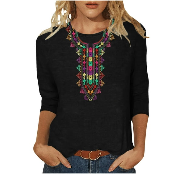 Penkiiy Boho Embroidered 3/4 Sleeve Tunics Shirts for Women Mexican Peasant Blouses Ethnic Bohemian Floral Tunic Tops,Vintage Floral Tunic Shirts, Flowers Embroidery Blouses L Black