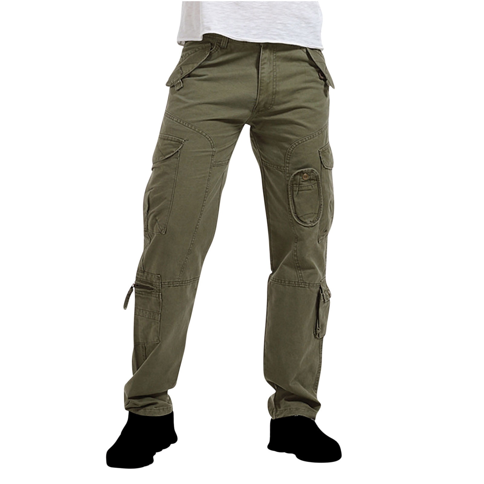Men Green Twill Utility Pockets Wide Leg Cargo Pants