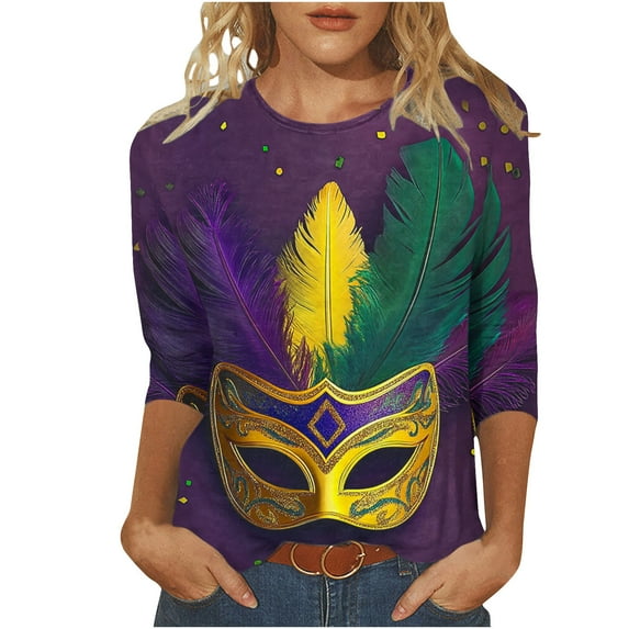 Penkiiy Carnival Blouse Women's Mardi Gras Fashion Printing Casual Round-Neck 3/4 Sleeve T-shirt Blouse 3XL Multicolor