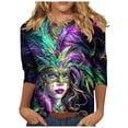 thumbnail image 1 of Penkiiy Carnival Blouse Women's Mardi Gras Fashion Printing Casual Round-Neck 3/4 Sleeve T-shirt Blouse L Purple, 1 of 5