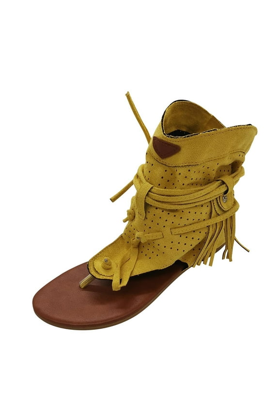 Casual Tassel Sandals for Women, Retro Bohemian Gladiator Fringe Sandals Flat Clip-Toe Flip-Flops Beach Sandals Shoes T-Strap Roman Open-Toe Sandals 35 Yellow