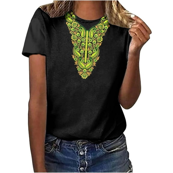 Penkiiy Casual Woen's Ethnic Style Embroidered Printing T Shirt Tee Graphic Tee Outdoor Daily Vacation T Shirt Short Sleeve Crew Neck Shirt Spring Fall Clothing Apparel M Black