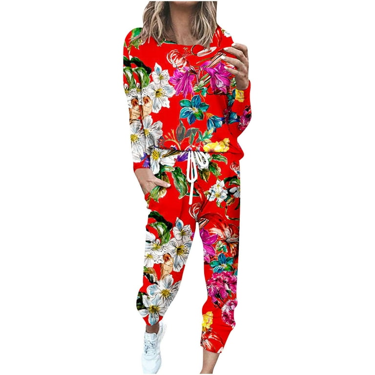 Penkiiy Chinese DongBei Style Flowers Graphic 2 Piece Outfits for Women  Round Neck Long Sleeve T-shirt Elastic Waist Leggings Loose Casual Suit 