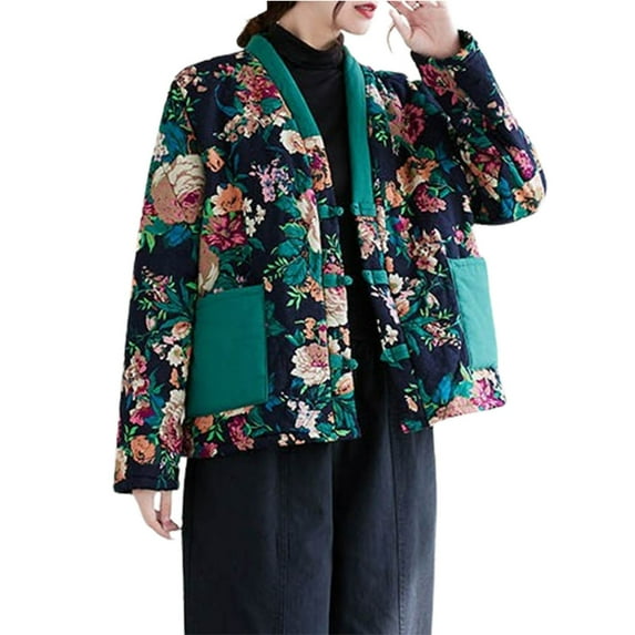 Penkiiy Chinese Style Big Floral Red Cotton Coat for Women Women's Winter Fashion Ethnic Style Flower Printed Flower Cotton Jacket Long Sleeve Button Cotton Coat