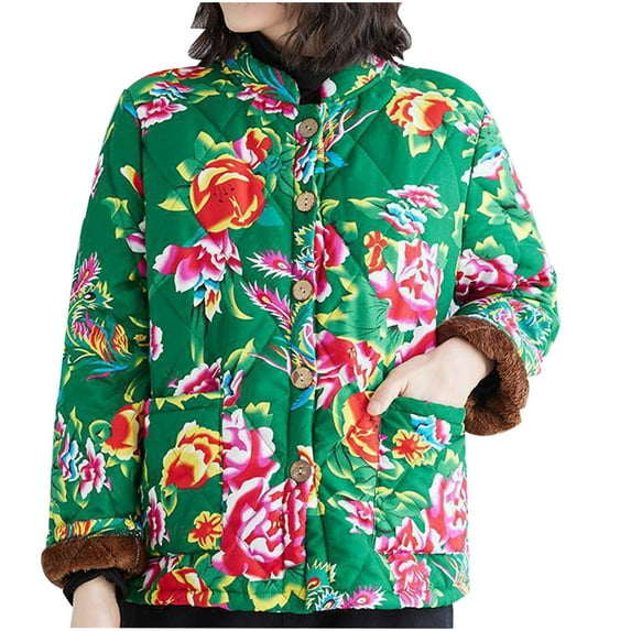 Penkiiy Chinese Style Big Floral Red Cotton Coat for Women Women's Floral Ethnic Print Casual Buckle Coat