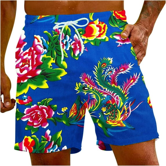 Penkiiy Chinese Style Big Peony Red Shorts Pant for Men Mens Summer Casual Swim Trunks, 3D Print Fashion Board Shorts Beachwear Pants XL Blue