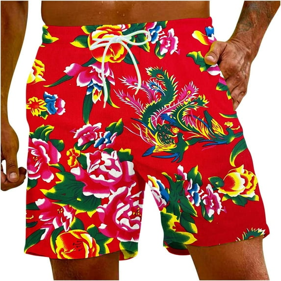 Penkiiy Chinese Style Big Peony Red Shorts Pant for Men Mens Summer Casual Swim Trunks, 3D Print Fashion Board Shorts Beachwear Pants XS Red