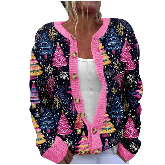 Penkiiy Christmas Sweater for Women 2024 Cute Xmas Printed Cardigans Sweater Open Front Button Down Knit Jacket 2XL Multicolor