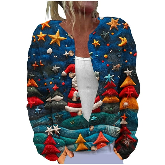 Penkiiy Christmas Sweater for Women 2024 Cute Xmas Printed Cardigans Sweater Open Front Button Down Knit Jacket 3XL Multicolor