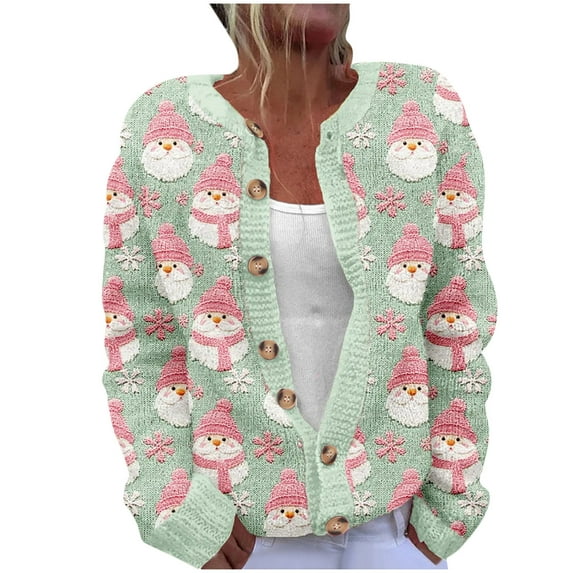 Penkiiy Christmas Sweater for Women 2024 Cute Xmas Printed Cardigans Sweater Open Front Button Down Knit Jacket 5XL Multicolor