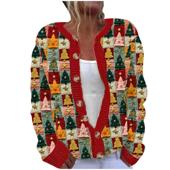 Penkiiy Christmas Sweater for Women 2024 Cute Xmas Printed Cardigans Sweater Open Front Button Down Knit Jacket S Multicolor