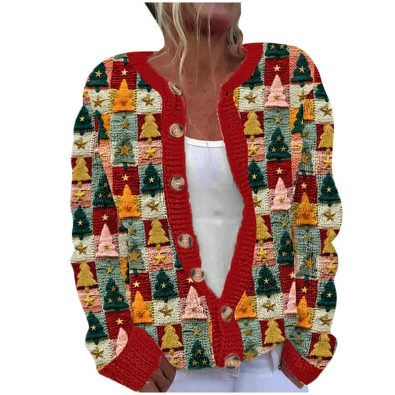 Penkiiy Christmas Sweater for Women 2024 Cute Xmas Printed Cardigans Sweater Open Front Button Down Knit Jacket S Multicolor