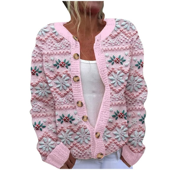 Penkiiy Christmas Sweater for Women 2024 Cute Xmas Printed Cardigans Sweater Open Front Button Down Knit Jacket S Multicolor